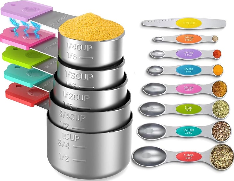 Minteem Magnetic Measuring Cups and Spoons Set, 5 Nesting Stainless Steel Measuring Cup Set with Easy to Read Markings, 7 Magnetic Measuring Spoons & 1 Leveler for Measuring Dry or Liquid Ingredients - Image 1